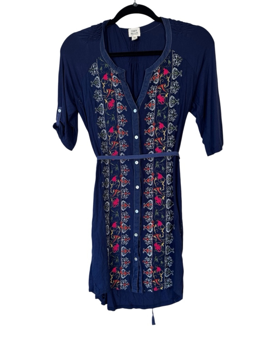 Tiny Anthropologie Blue Floral Embroidered Mini Shirt Dress Womens S Boho Casual